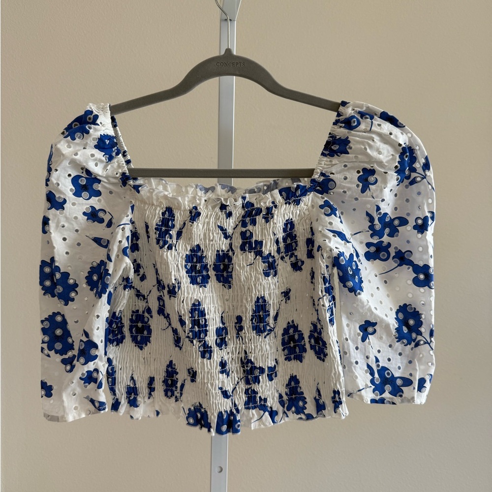 Nordstrom White and Blue Smocked Cropped Blouse